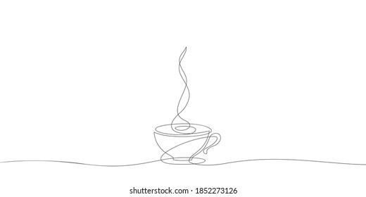 Coffee cup on saucer Continuous one line drawing, Hot drink with steam Vector minimalist linear illustration made of thin single line, Design element for cafe menu