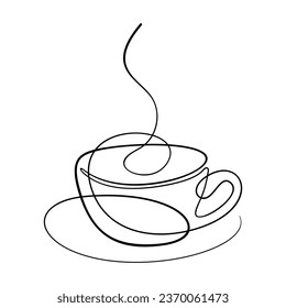 Coffee cup on saucer Continuous one line drawing isolated, Hot drink with steam Vector minimalist linear illustration made of thin single line rounded shapes, Design element