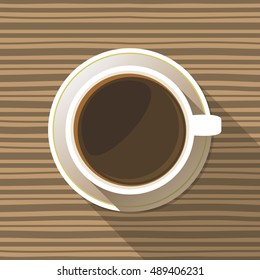 Coffee cup on a saucer flat icon top view. White mug full of coffee on striped background. Vector eps10 illustration.