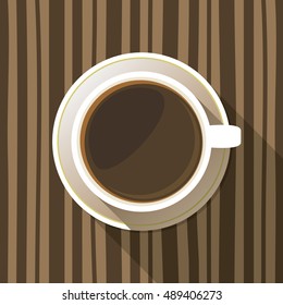 Coffee cup on a saucer flat icon top view. White mug full of coffee on striped background. Vector eps10 illustration.