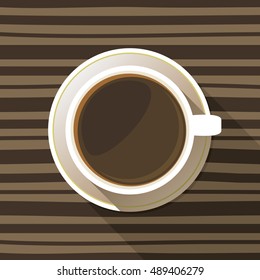 Coffee cup on a saucer flat icon top view. White mug full of coffee on striped background. Vector eps10 illustration.