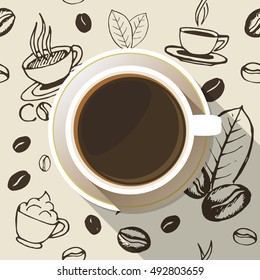 Coffee cup on a saucer flat icon top view. White mug full of coffee on seamless hand drawn background. Vector eps10 illustration.