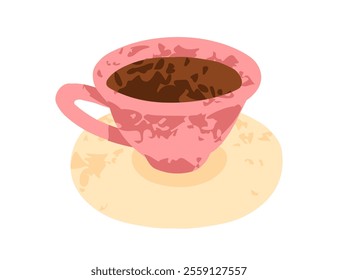 Coffee cup on saucer. Hot aromatic beverage in little mug. Warm caffeine drink, espresso. Americano for coffe break, morning refreshment. Flat vector illustration isolated on white background