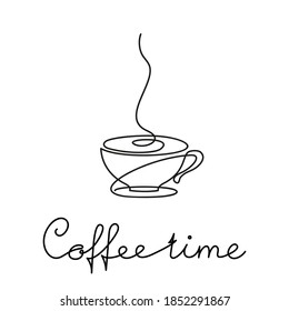 Coffee cup on saucer with inscription "coffee time" Continuous one line drawing, Hot beverage with steam and lettering Vector minimalist linear illustration made of thin single line, Logo design menu