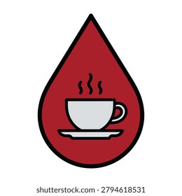 A coffee cup on a saucer inside a red blood drop symbol with steam rising hot drink