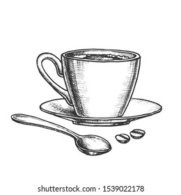 Coffee Cup On Saucer With Spoon Monochrome Vector. Energy Espresso In Mug And Coffee Grains. Morning Hot Drink Engraving Concept Template Hand Drawn In Vintage Style Black And White Illustration