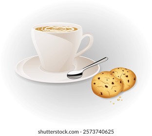 Coffee cup on a saucer with spoon and cookies. White ceramic cup. Chocolate chip cookies. A bitten cookie with crumbs around it. Vector illustration. 