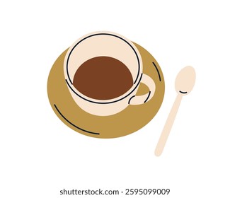 Coffee cup on saucer, spoon. Espresso drink. Americano, morning beverage, caffeine. Coffe mug. Left unfinished tea in teacup. Flat graphic vector illustration isolated on white background