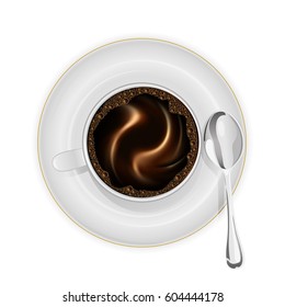 Coffee cup on a saucer with spoon isolated on white background, illustration.