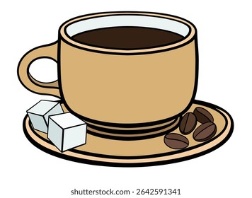 Coffee cup on a saucer with sugar cubes and coffee beans - vector full-color image. Coffee cup beige.
