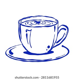 Coffee cup on saucer with surface swirl. Cafe, hot drink and morning beverage concept. For coffee shop menus and cafe graphics. Sketch, silhouette, hand drawn line art.