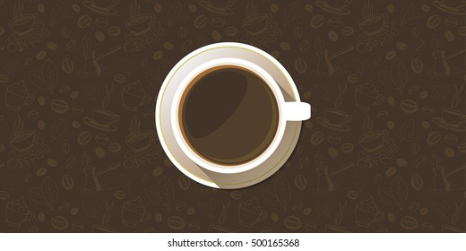 Coffee cup on a saucer top view background. White mug full of coffee on seamless hand drawn backdrop. Vector eps10 illustration.