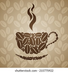Coffee cup on seamless background with coffee beans. Vector illustration.