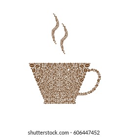 Coffee cup on seamless background with coffee beans. Vector illustration.
