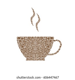 Coffee cup on seamless background with coffee beans. Vector illustration.