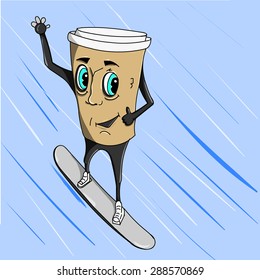 Coffee cup on snowboard. Hand drawn