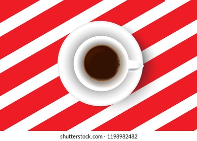 Coffee cup on striped background, top view, vector illustration