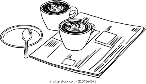 Latte Coffee cup on table with Newspapers Bebida caliente Leyenda dibujada por mano Ilustración	