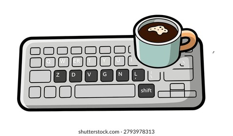 Coffee cup on top of keyboard