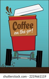 Una taza de café sobre ruedas.