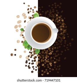 Coffee cup on white and dark brown background. Top view with coffee beans and ground powder.