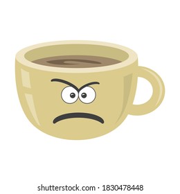 Coffee cup on white isolated background. Espresso. Black coffee icon. Vector. Funny cup with evil face. Emotion