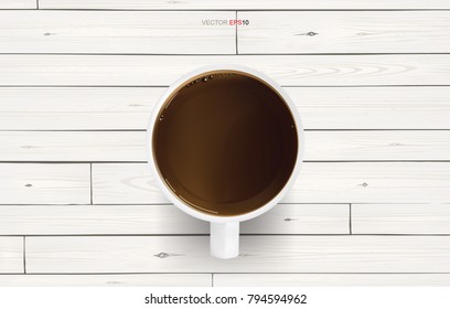 Coffee cup on white wood texture background. Vector illustration.