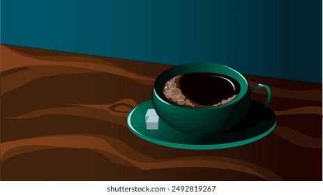 Coffee cup on the wooden table in a green cafe 