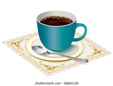 Coffee cup on yellow cloth