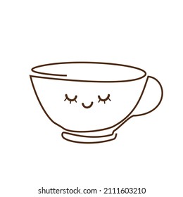 Coffee cup, one line art style with close eyes cartoon isolated on white background vector illustration.