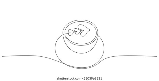 Coffee cup one line drawing. Top view of cappuccino with heart shaped art, cafe shop concept. Modern vector illustration