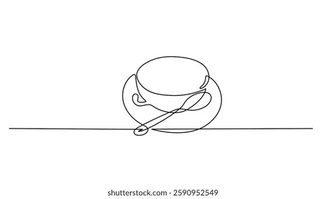 Coffee Cup One Line Vector Illustration. Line Art Coffee or Tea Cup for Kitchen Decor. Trendy Linear Sketches of Outline Monochrome Isolated Art on White Background. Not AI