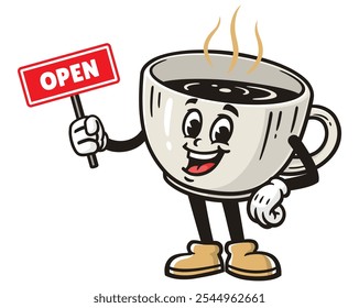 Coffee Cup with open sign, Cartoon Mascot Illustration Character Vector Retro Vintage Clip-art Hand-drawn Logo Design