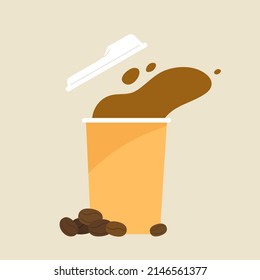 Coffee cup with opened lid with coffee beans. Concept of morning energy, coffee lover, waking up, booster, caffeine. Beverage clip art. Flat vector illustration.