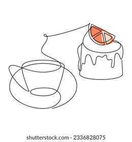 Coffee cup and orange fruit cake one line continuous drawing. Vector illustration. Hand drawn silhouette. Dessert icon. Minimal design, print, banner, card, product logo, brochure, menu, bakery shop.