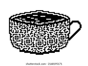 Coffee cup or other hot drink with QR code texture isolated on white background. Pixel art. Coffee or tea icon for mobile app, tea house, restaurant menu, tableware store or other. Vector illustration