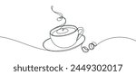 Coffee cup outline. Continuous line drawing with cup of coffee and coffee beans. Breakfast outline illustration. Line art for cafe