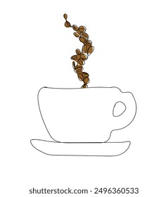 Umriss Kaffeetasse. Kontinuierliche Linienzeichnung mit Tasse Kaffee und Kaffeebohnen. Umrissgrafik des Frühstücks. Streetart für Café