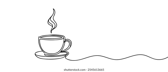 Coffee cup outline. Continuous line drawing with cup of coffee and coffee beans. Breakfast outline illustration. Line art for cafe