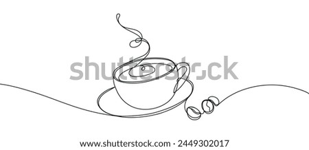 Coffee cup outline. Continuous line drawing with cup of coffee and coffee beans. Breakfast outline illustration. Line art for cafe