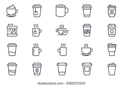 Coffee cup outline web icon set. Disposable coffee cup. Coffee paper cup, plastic container for hot and cold drink, juice, tea. 