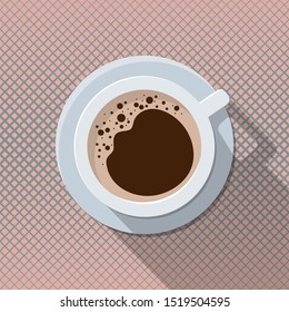 Coffee cup over retro background, top view. Coffee concept background, vector 