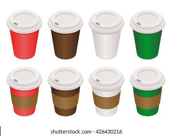 Coffee cup. Coffee package isolated on white background. Coffee with paper holder. Colour cups of coffee isometric style. Vector illustration of a cup of coffee