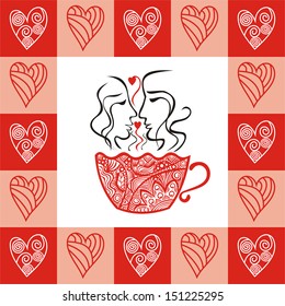 Coffee cup pair love heart valentines day card romantic pattern background vector illustration
