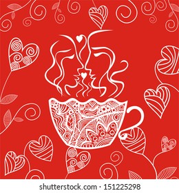 Coffee cup pair love heart valentines day card romantic pattern background vector illustration