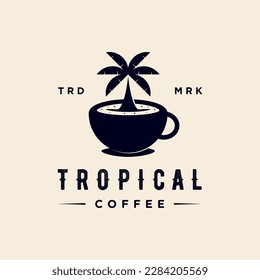 Coffee cup palm coconut island logo design. Tropical cafe shop beverage. Summer fresh vacation vector illustration.