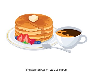 Café y tortitas con ilustración vectorial de frutas. Café negro en una taza blanca y crepes dulces en un vector de icono de placa aislado en un fondo blanco. Desayuno dulce aún dibujo de la vida