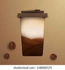 Coffee cup in paper cut style. Concept colorful handmade design for background cover, poster, flyer. Vector illustration.