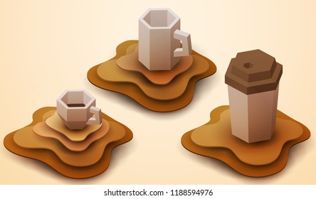 Coffee cup in paper cut style. Concept colorful handmade design for background cover, poster, flyer in isometric view. Vector illustration.