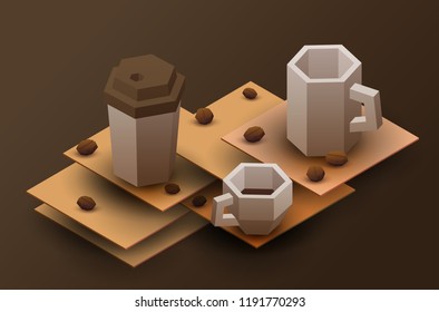 Coffee cup in paper cut style. Concept colorful handmade design for background cover, poster, flyer in isometric view. Vector illustration.